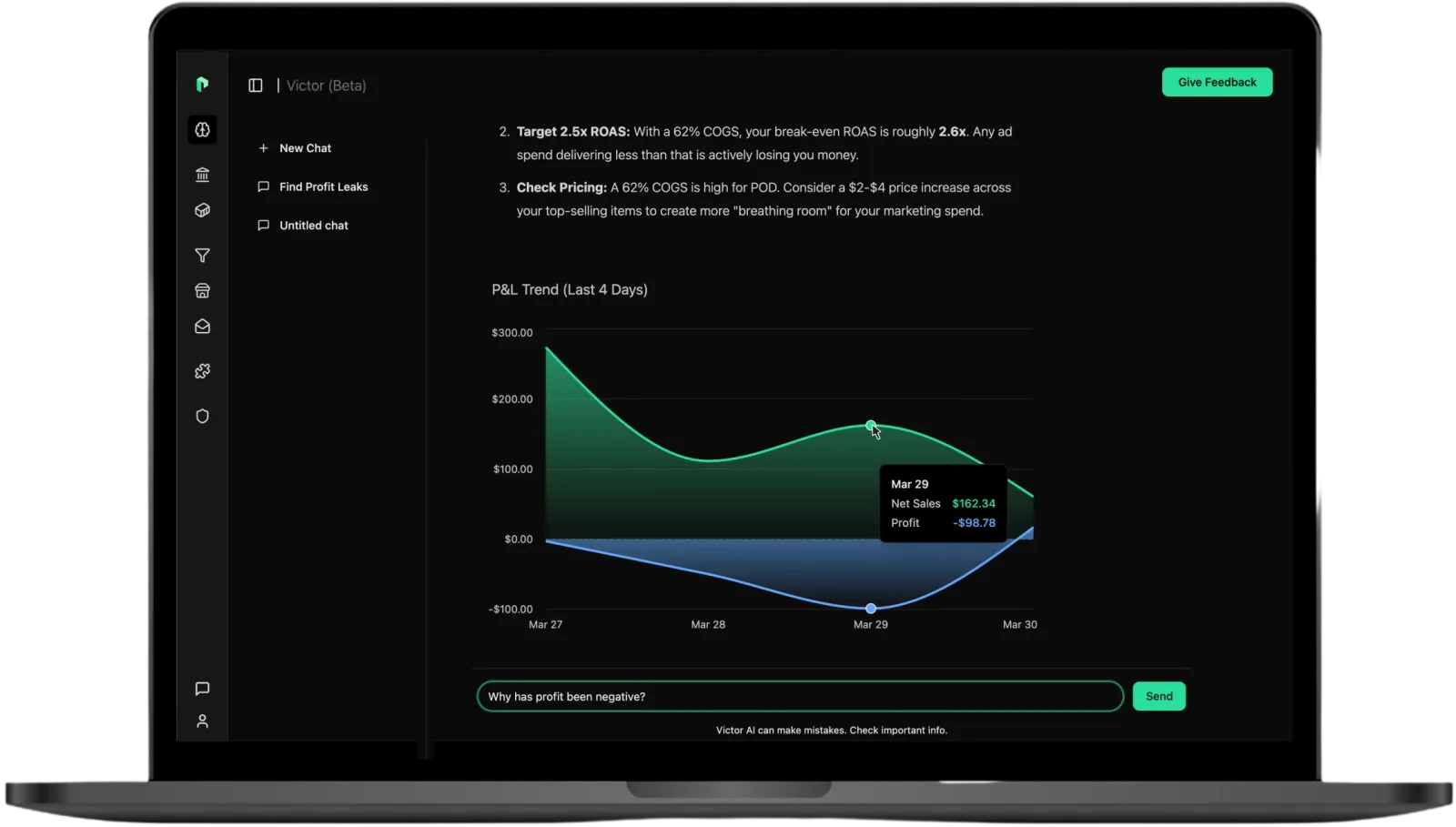 PodVector dashboard showing real-time profit metrics and Victor's recommendations